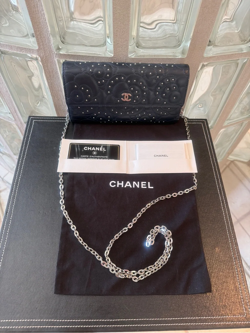 CHANEL Navy Blue Quilted Camellia Studded Leather Wallet, Unbranded Silver Chain